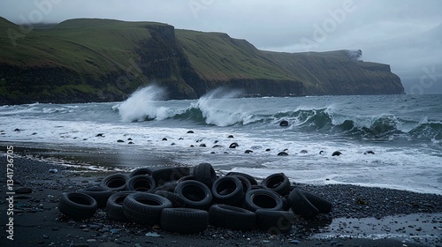 beach shoreline littered with used tires washed ashore, with waves crashing in the background, depicting marine pollution. [Used tires]:[Impact on the environment] Beach, shoreline, littered 