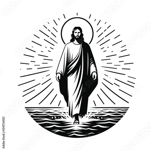 Jesus Walking on Water in Black and White Illustration, transparent background, vector