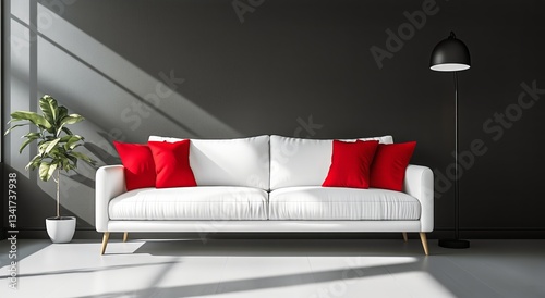 Modern Living Room With White Couch and Red Pillows Showcasing Natural Light ...