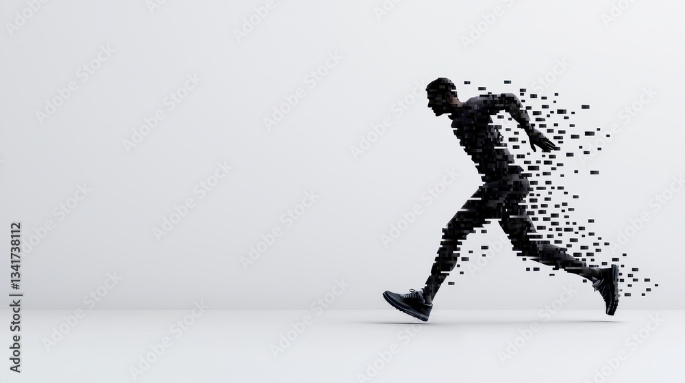 Naklejka premium A silhouette of a runner dispersing into digital fragments, symbolizing motion and energy.