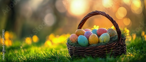 Colorful Easter Eggs Nestled in a Decorative Nest Surrounded by Blooming Flow...