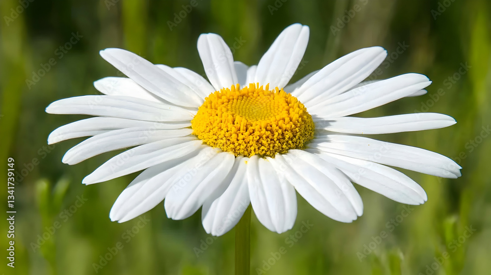Fototapeta premium A stunning white daisy in soft sunlight, its golden center contrasting beautifully against the delicate white petals.