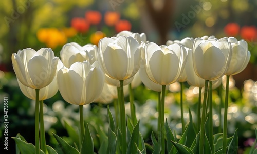 White Tulips Bloom Gracefully in a Vibrant Garden During Springtime Sunlight