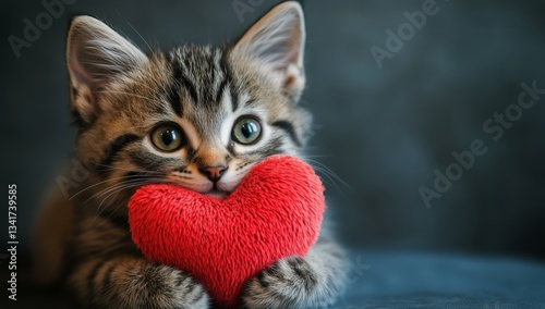 Cute Kitten Holding a Red Heart Plush Toy Against a Dark Background
