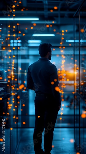 Man in a server room surrounded by high-tech equipment and server racks managing digital data