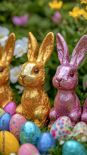 Colorful Easter Bunnies and Eggs Among Vibrant Spring Flowers in a Festive Ar...