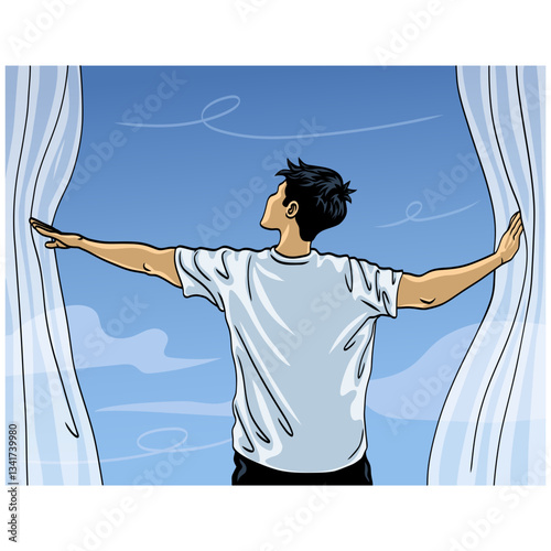 Man Opens Curtains Window Enjoying Fresh Air Vector Illustration