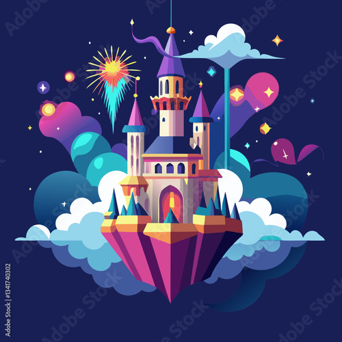 A cartoon winter night illustration of a fairy tale castle on the moon, its architecture adorned with holiday stars