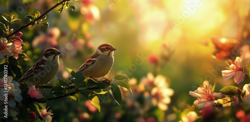 Sparrows Perched Among Blooming Flowers During Sunset in a Vibrant Spring Garden