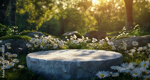 Relaxing Garden With a Stone Platform Surrounded by Daisies in Soft Sunlight ...