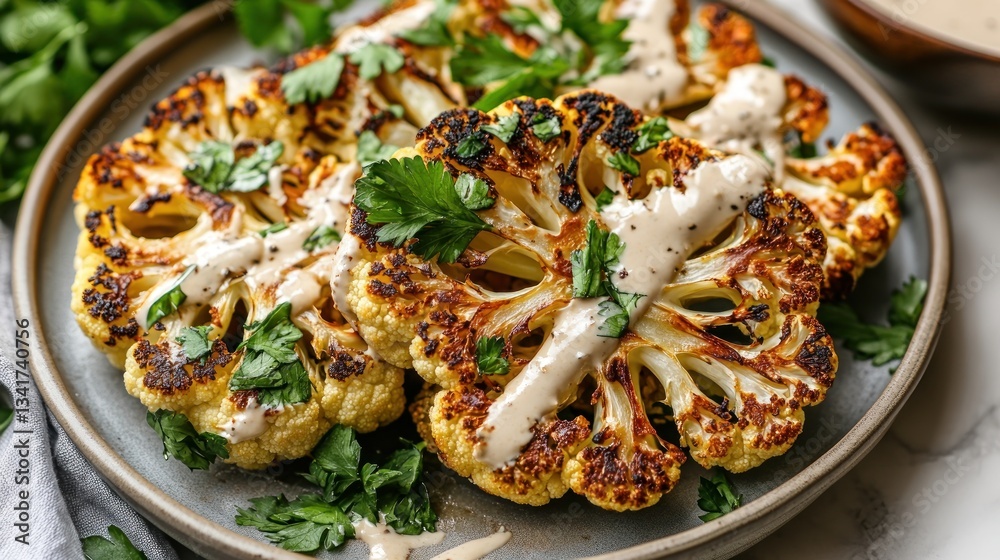 Gourmet Roasted Cauliflower Steaks with Tahini Drizzle and Fresh Parsley Garnish Gourmet Roasted Cauliflower Steaks with Tahini Drizzle and Fresh Parsley Garnish