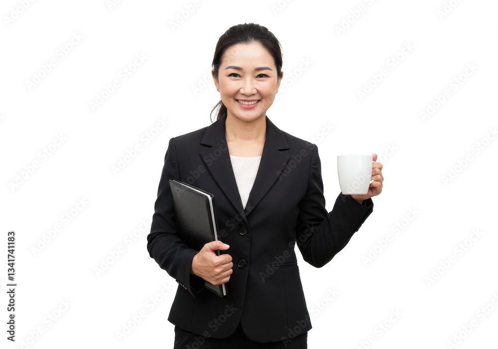 Positive middle aged female entrepreneur with ponytail wearing formal suit looking at camera while standing with folder and cup isolated on White background Positive middle aged female entrepreneur with ponytail wearing formal suit looking at camera while standing with folder and cup isolated on White background