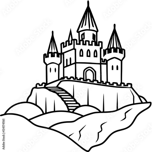 A cartoon vector illustration of a medieval castle tower, a fantasy kingdom's old fortress