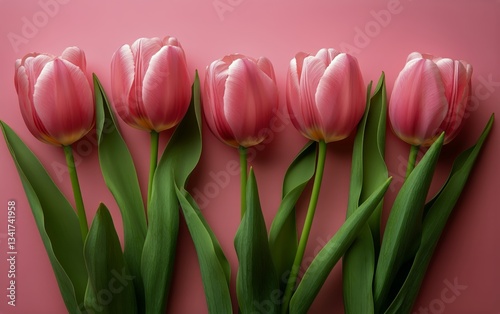 Beautiful Pink Tulips Arranged Against a Soft Pink Background for a Fresh Spr...