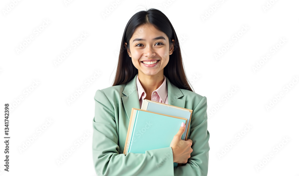 Portrait of a smiling young woman holding books, isolated on white background. Cheerful female student perfect for educational content, e-learning, back to school campaigns. Portrait of a smiling young woman holding books, isolated on white background. Cheerful female student perfect for educational content, e-learning, back to school campaigns.