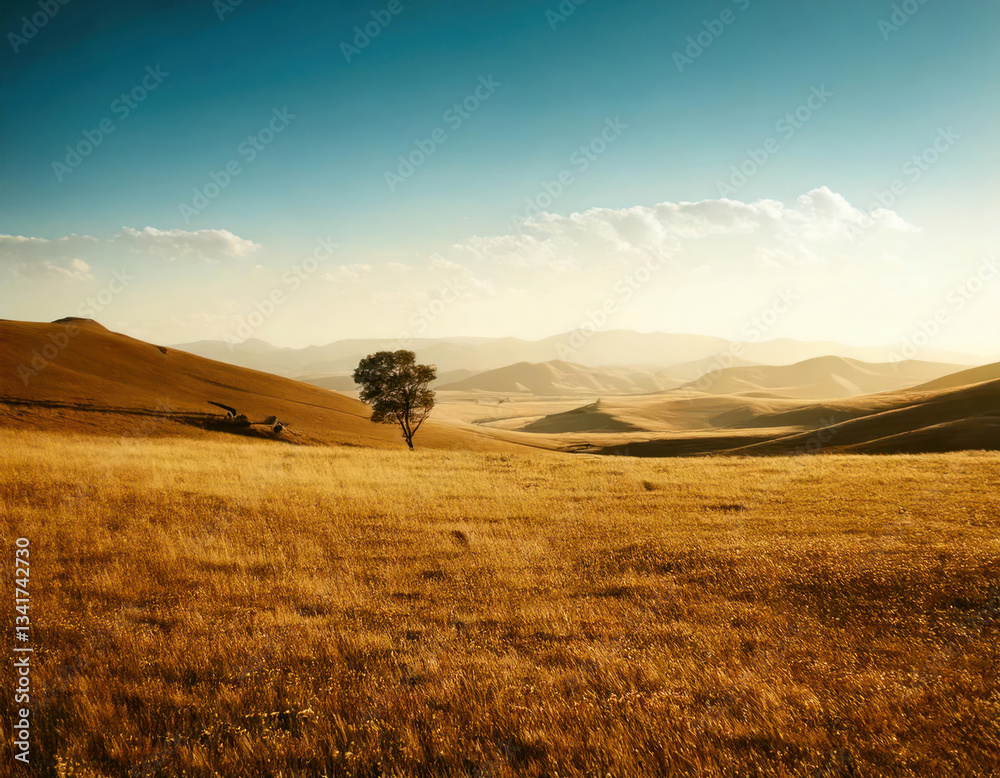 A serene landscape featuring a solitary tree in a vast golden prairie, with rolling hills and clear skies. Ideal for nature, travel, and scenic themes. Landscape Awesome Solitude minimal soft light