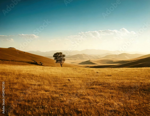 Obraz na płótnie A serene landscape featuring a solitary tree in a vast golden prairie, with rolling hills and clear skies. Ideal for nature, travel, and scenic themes. Landscape Awesome Solitude minimal soft light w salonie