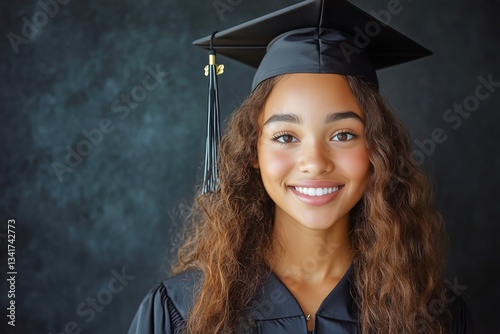 Graduate With Curly Hair Smiling Proudly in Cap and Gown During Commencement ...