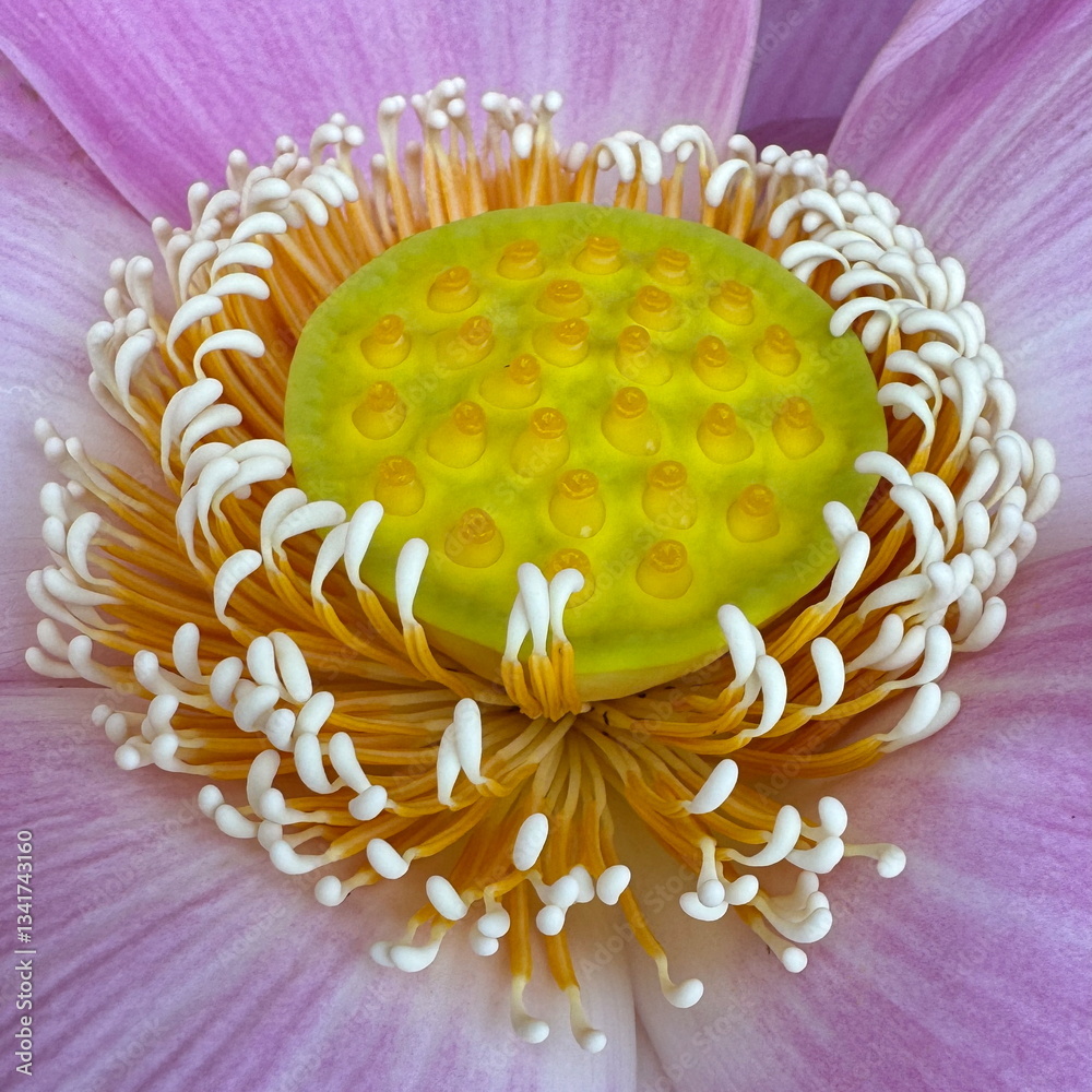 Closeup view of beautiful pink lotus with pod of seeds blooming in Thailand
