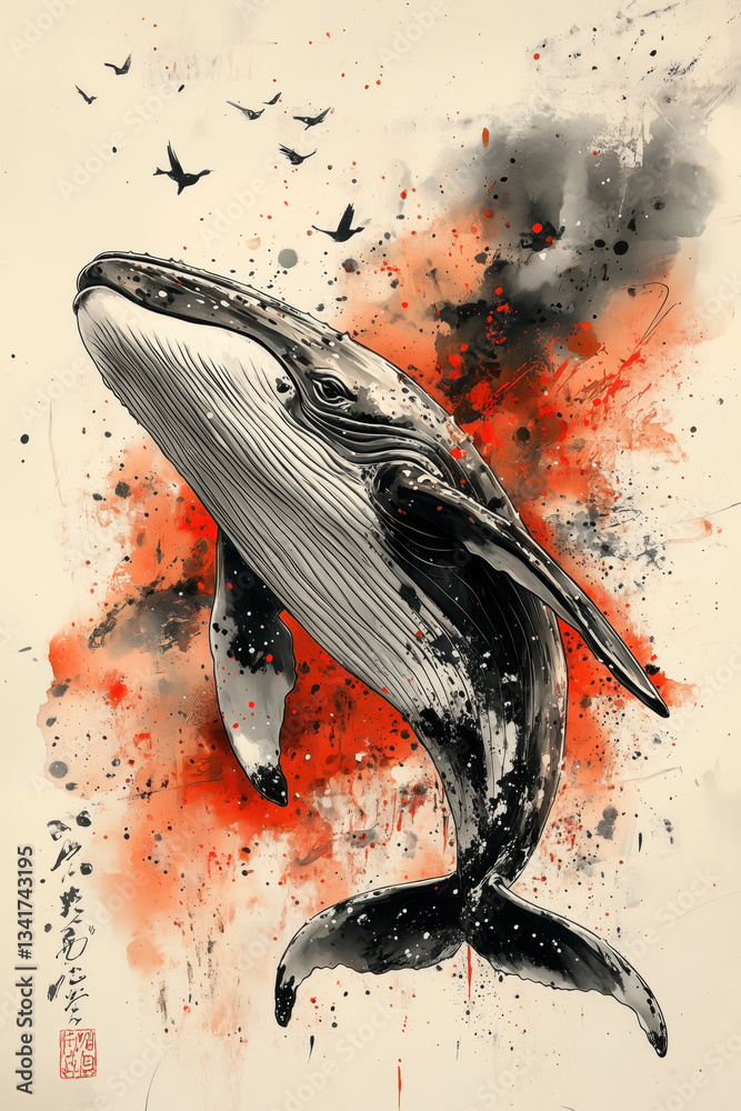 A whale in a traditional Japanese art style. A striking ink and watercolor art piece featuring a humpback whale and birds in flight, with abstract red splashes. Ideal for art, wildlife, and marine