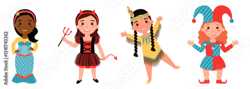 Girls dressed as a mermaid, a joker, an American Indian , a devil.