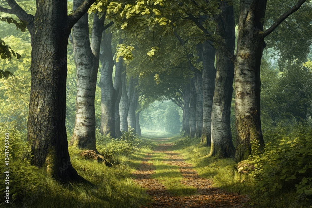 Obraz premium Serene forest path illuminated by soft sunlight during a quiet morning