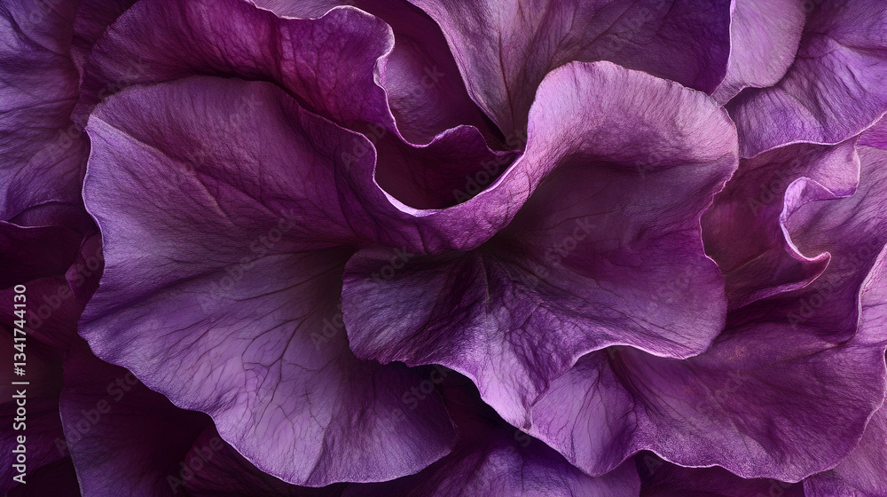Obraz premium A detailed close-up of the velvety, ruffled petals of a deep purple petunia flower. 