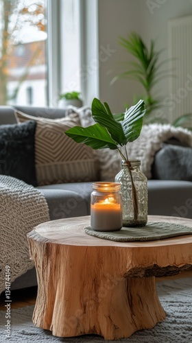 Cozy Living Room With a Candle and Plant on a Wooden Coffee Table in the Afte...