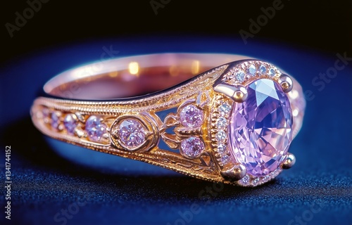 Intricate Vintage Ring Featuring Amethyst and Diamonds in a Shimmering Golden...