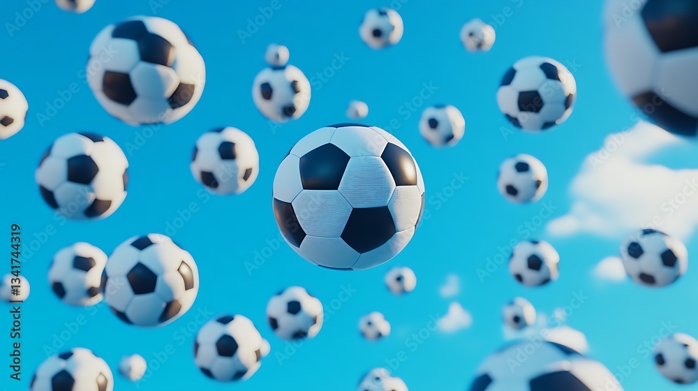 Many soccer balls floating in blue sky. Many soccer balls floating in blue sky.