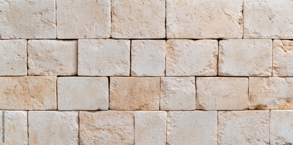 Fototapeta premium A close-up view of a textured wall made of light-colored rectangular stone blocks arranged in a uniform pattern.