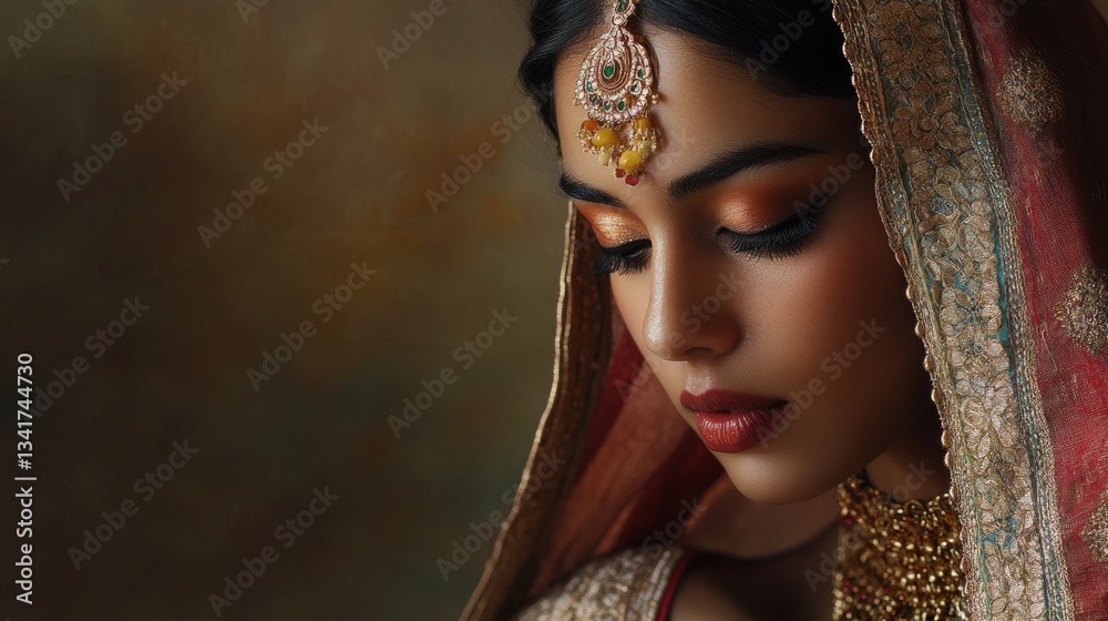 Elegant Portrait of a Young Woman in Traditional Attire with Intricate Jewelry and Rich Textures Elegant Portrait of a Young Woman in Traditional Attire with Intricate Jewelry and Rich Textures