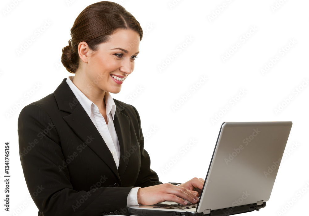 Portrait of a happy caucasian business woman working on laptop computer making isolated on White background Portrait of a happy caucasian business woman working on laptop computer making isolated on White background