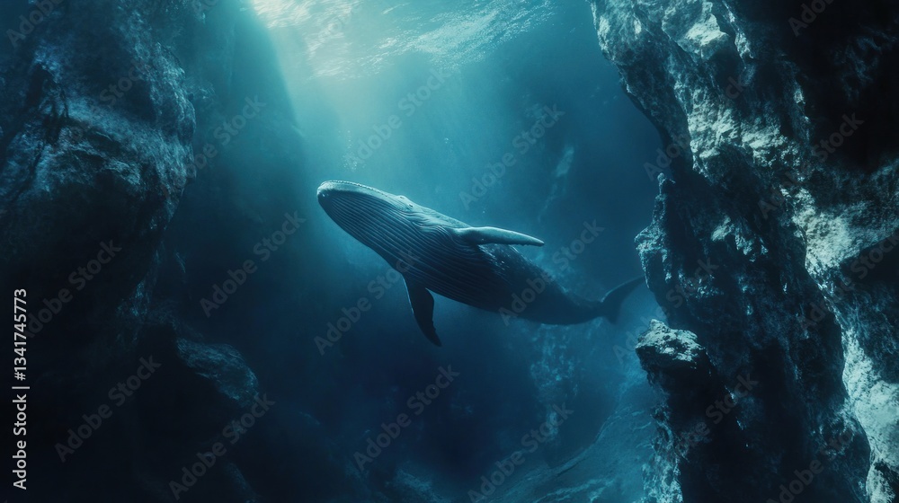 Naklejka premium Majestic blue whale gracefully gliding through deep ocean waters near rock formations
