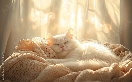 Sleepy white cat basking in sunlight through sheer curtains