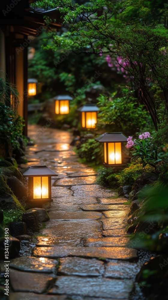 Fototapeta premium Pathway Illuminated by Lanterns in a Tranquil Garden Setting at Dusk