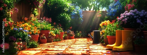 Bright Yellow Boots in a Vibrant Garden Filled With Colorful Blooming Flowers...