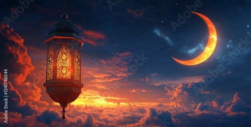 Evening Sky With Lanterns and Crescent Moon Shining Brightly Over Clouds