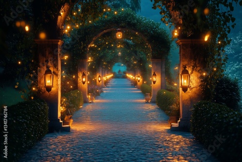 Stunning Garden Pathway Illuminated by Candles and Fairy Lights at Twilight i...