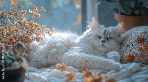 Sleepy white cat resting by window with autumnal decor