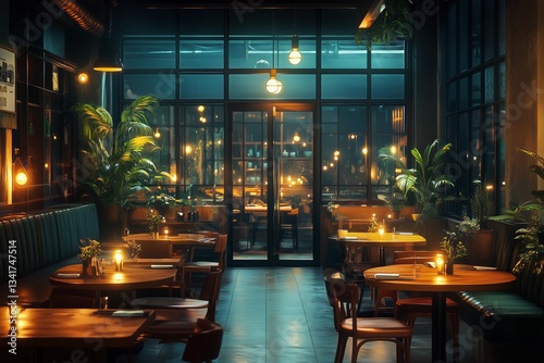 Cozy Evening Ambiance in a Stylish Restaurant With Warm Lighting and Greenery