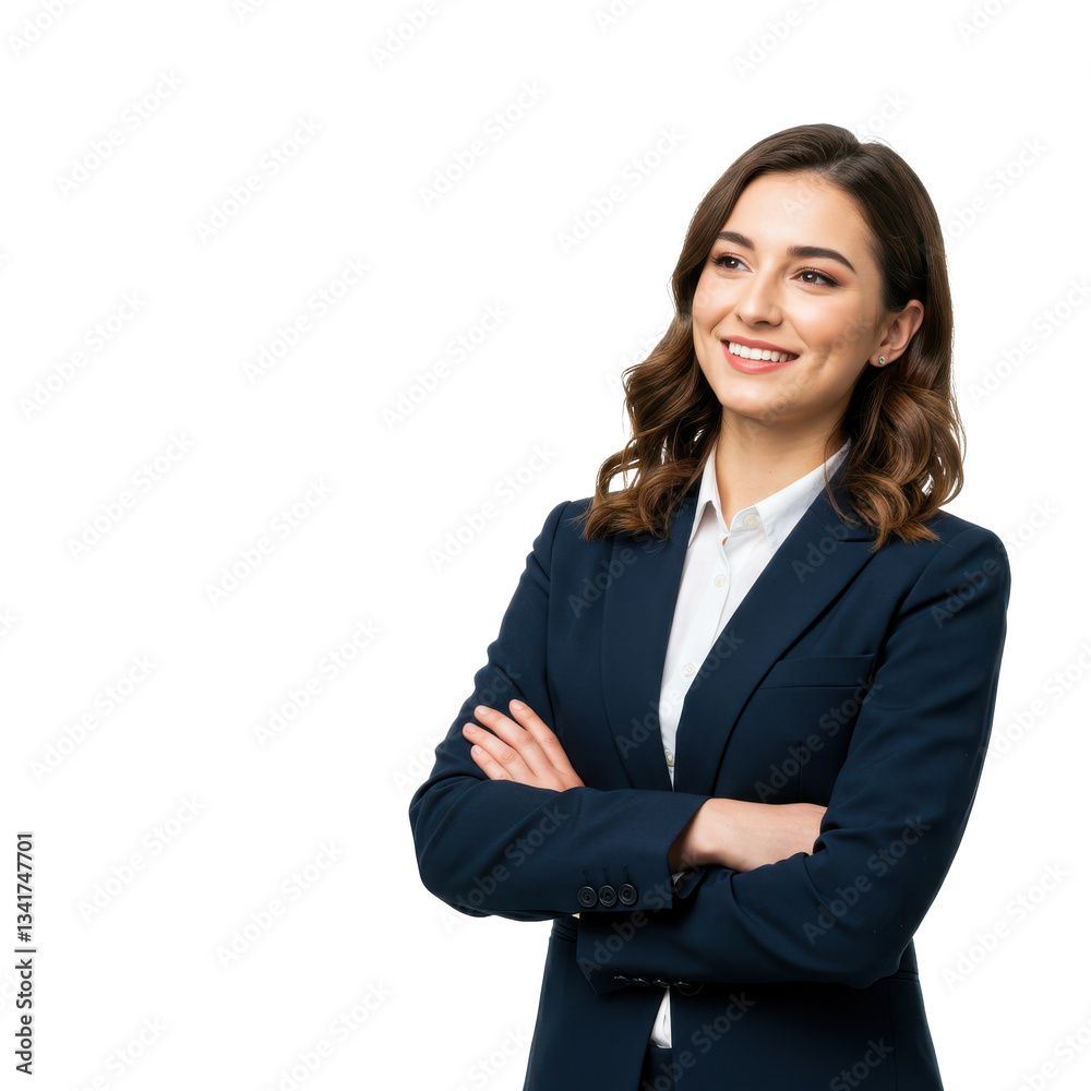 Portrait of cute positive businesswoman wearing formal suit standing with crossed arms and looking away with charming smile isolated on White background Portrait of cute positive businesswoman wearing formal suit standing with crossed arms and looking away with charming smile isolated on White background