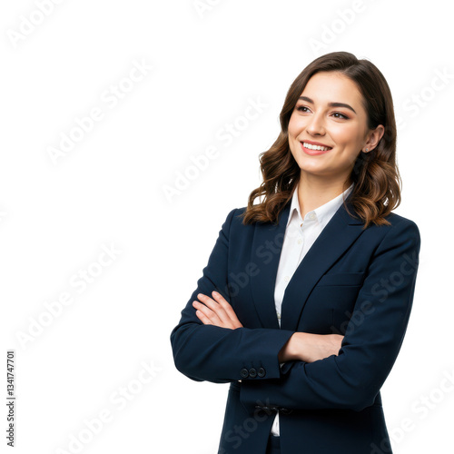Portrait of cute positive businesswoman wearing formal suit standing with crossed arms and looking away with charming smile isolated on White background