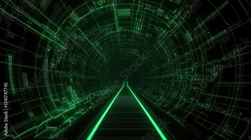 Fototapeta Naklejka Na Ścianę i Meble -  Abstract green wireframe tunnel moving forward, sci-fi animation for video intros.