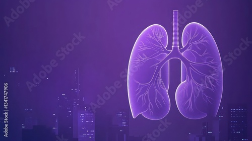 Digital illustration of human lungs against a purple city skyline backdrop photo