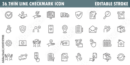 checkmark line icon set, checkmark icons set or pack, containing check, accept, agree, selected, confirm, approve, correct, complete, checklist, and verified icons, eps 10 vector illustration