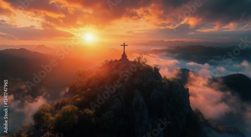 Majestic Sunset Over Mountain Peak With Cross Silhouette Amid Clouds and Rich...