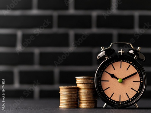 A vintage clock next to a stack of coins symbolizes time management and finance.