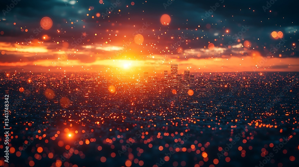Obraz premium Glowing Cityscape at Sunset with Bokeh Lights and Dramatic Sky