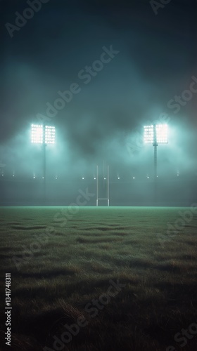 Misty Football Stadium During Dusk With Bright Lights Illuminating the Field